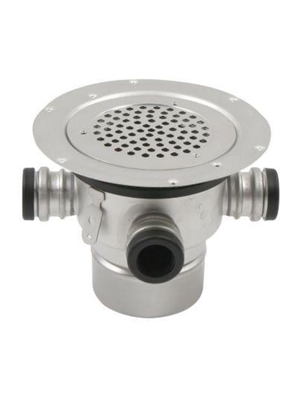 Blücher Circle gulvafløb med sideindløb og lodret Ø110 mm udløb. Til vinyl. Syrefast stål